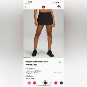 Lululemon Pace rival skirt in black size 12